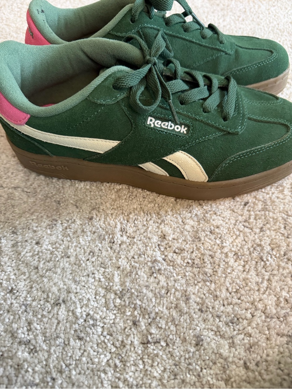 Reebok Green Suede Sneakers with White Stripes and Pink Heel size 7.5 W